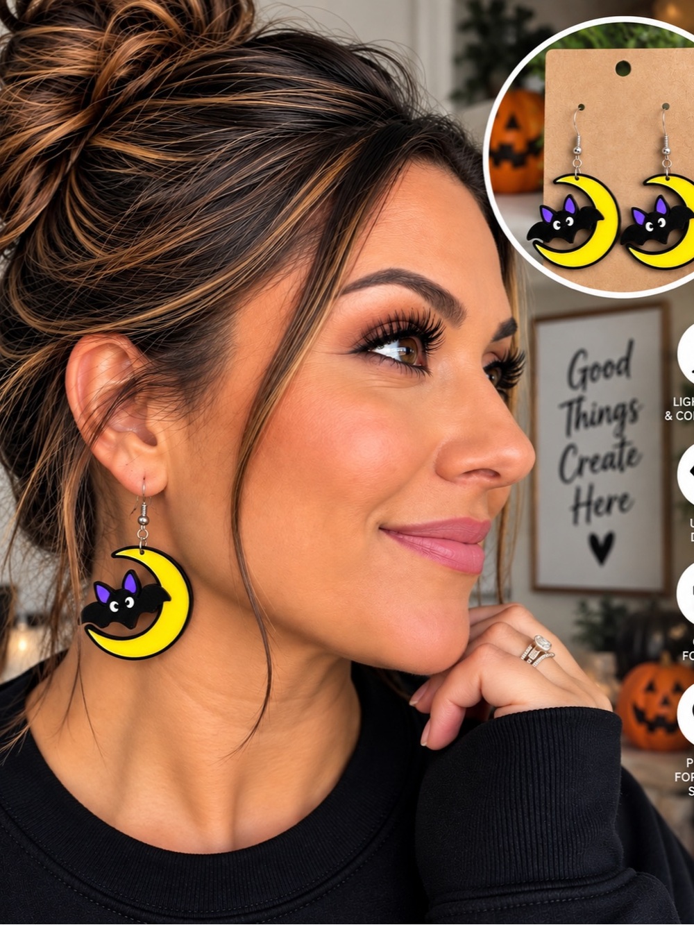Cute Black Cat on Yellow Moon Earrings - Women Jewelry